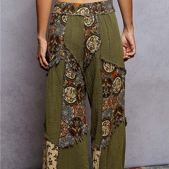 POL Pants - POL Olive Green Patchwork Wide Leg Pants